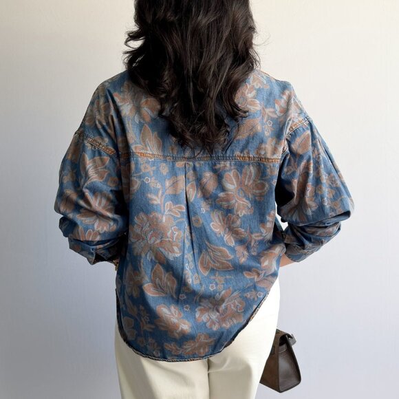 Women’s Denim Button-Down Shirt – Blue Floral - Picture 4 of 10